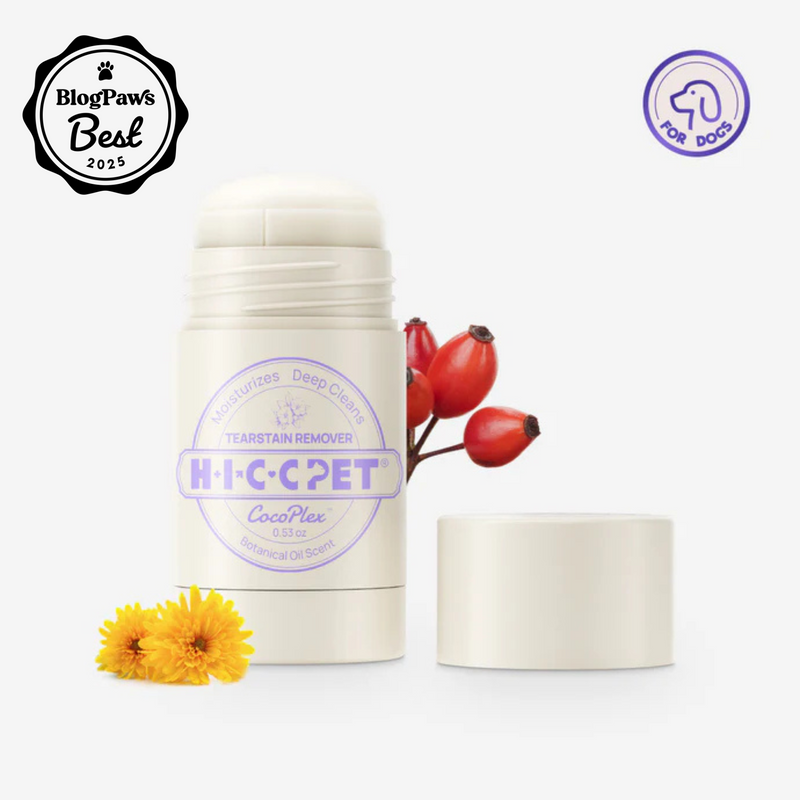 hicc pet Tear Stain Remover Butter with the cap off and flowers next to it. There is a blogpaws award icon on the image.