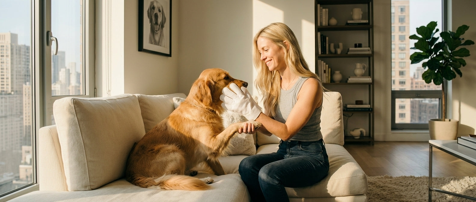 A woman is cleaning her golden retriever with a glove wipe