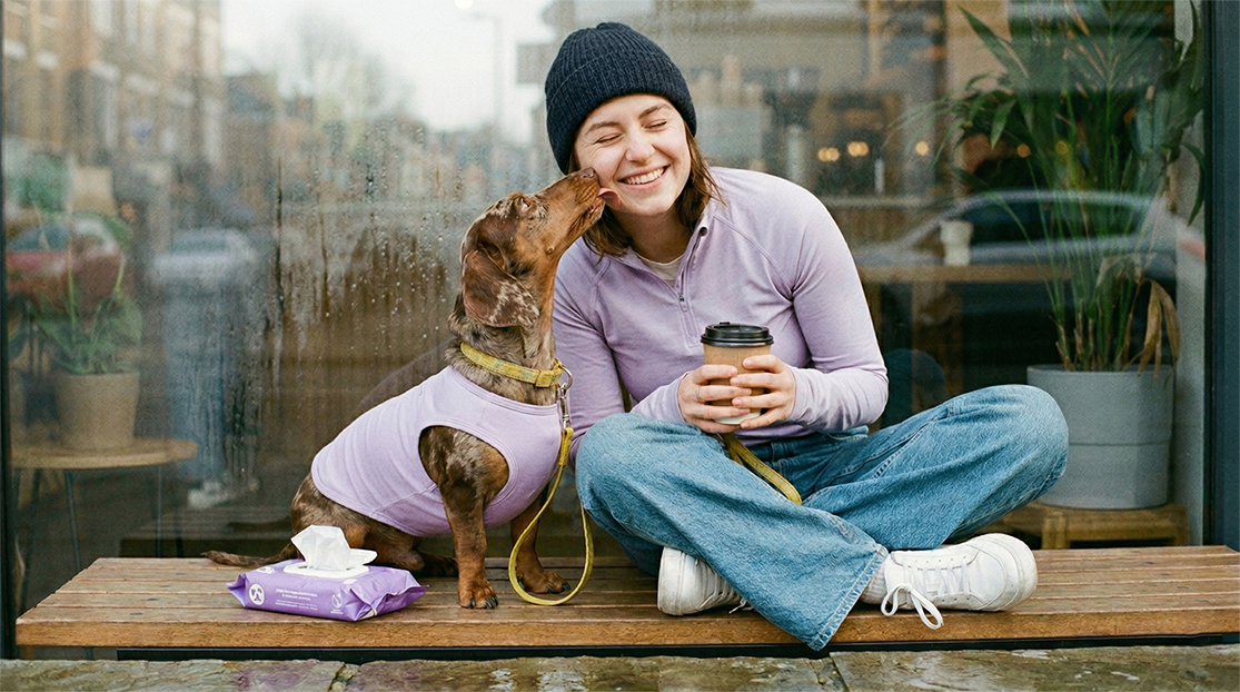 walking a dog in a rainy day