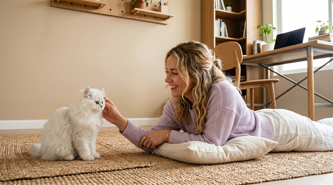 a woman and a kitten