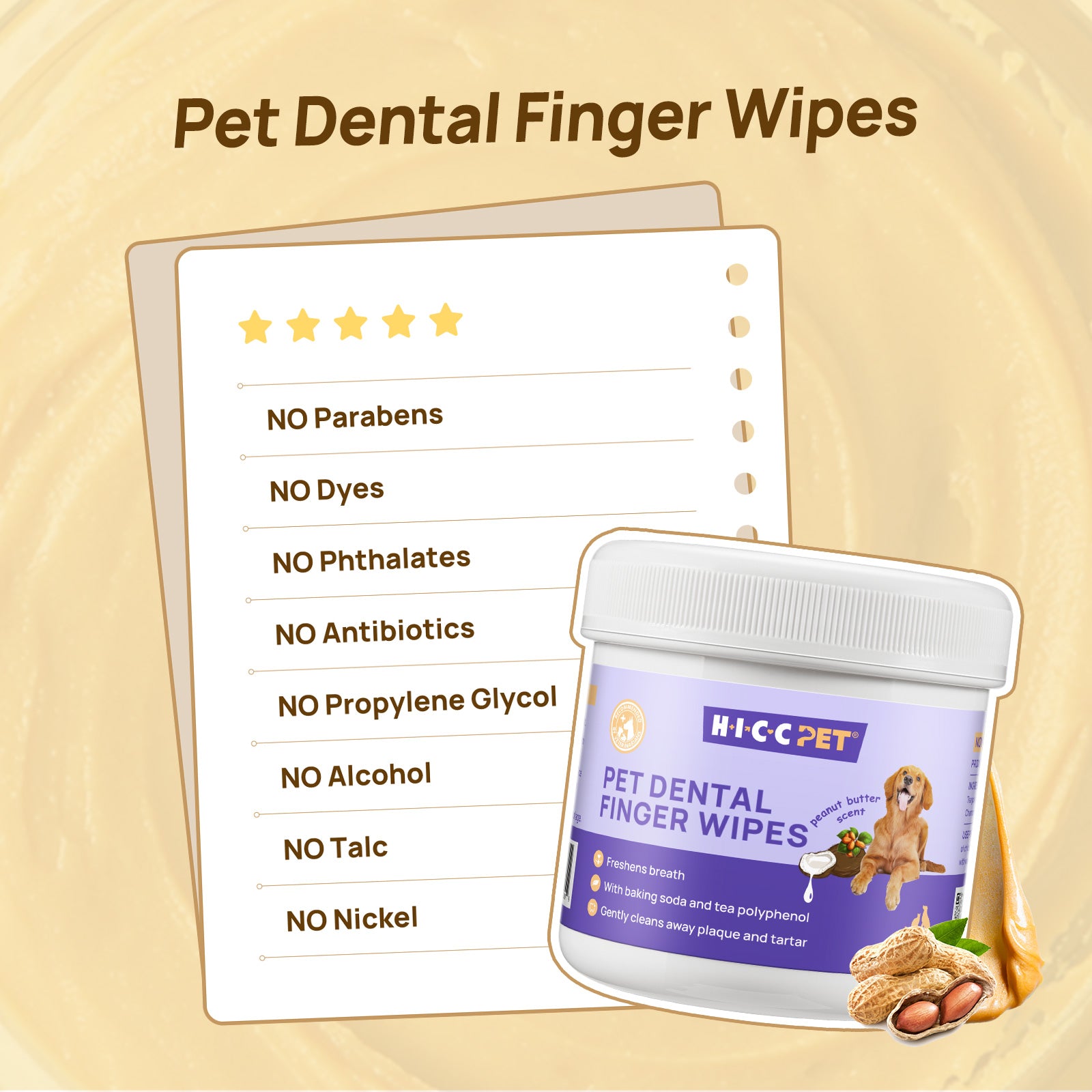 HICC Pet® Pet Dental Finger Wipes For Cats, Peanut Butter Flavor, 50 Pcs