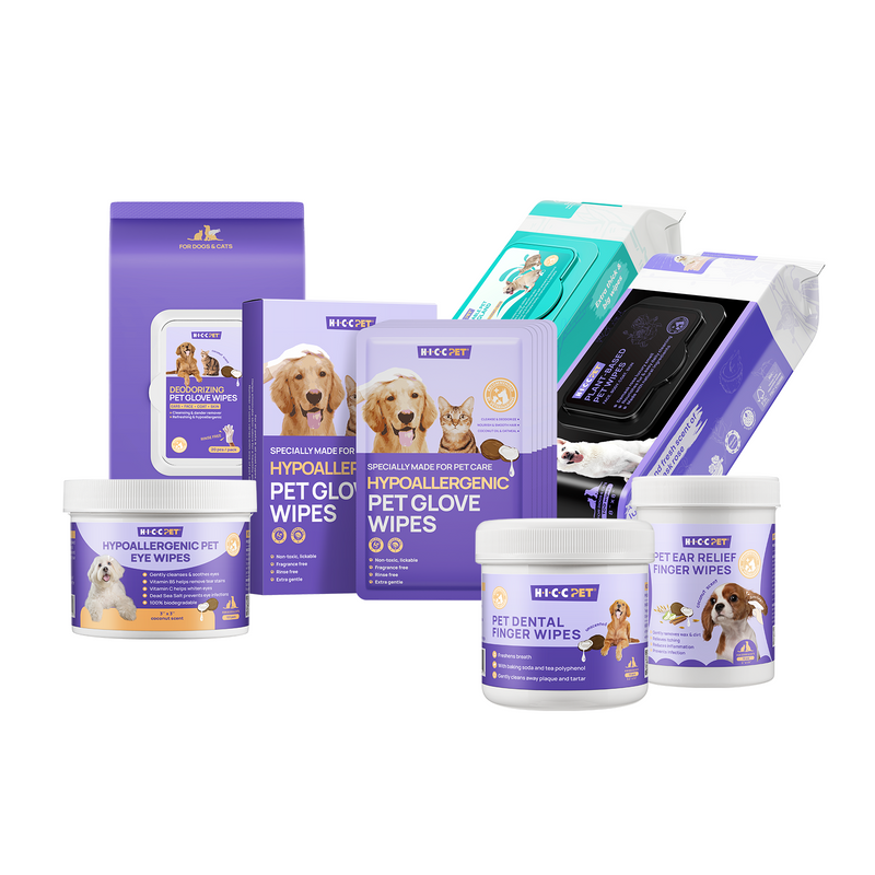 HICC PET Grooming Kit, including containers of grooming wipes, cream, and other pet care items
