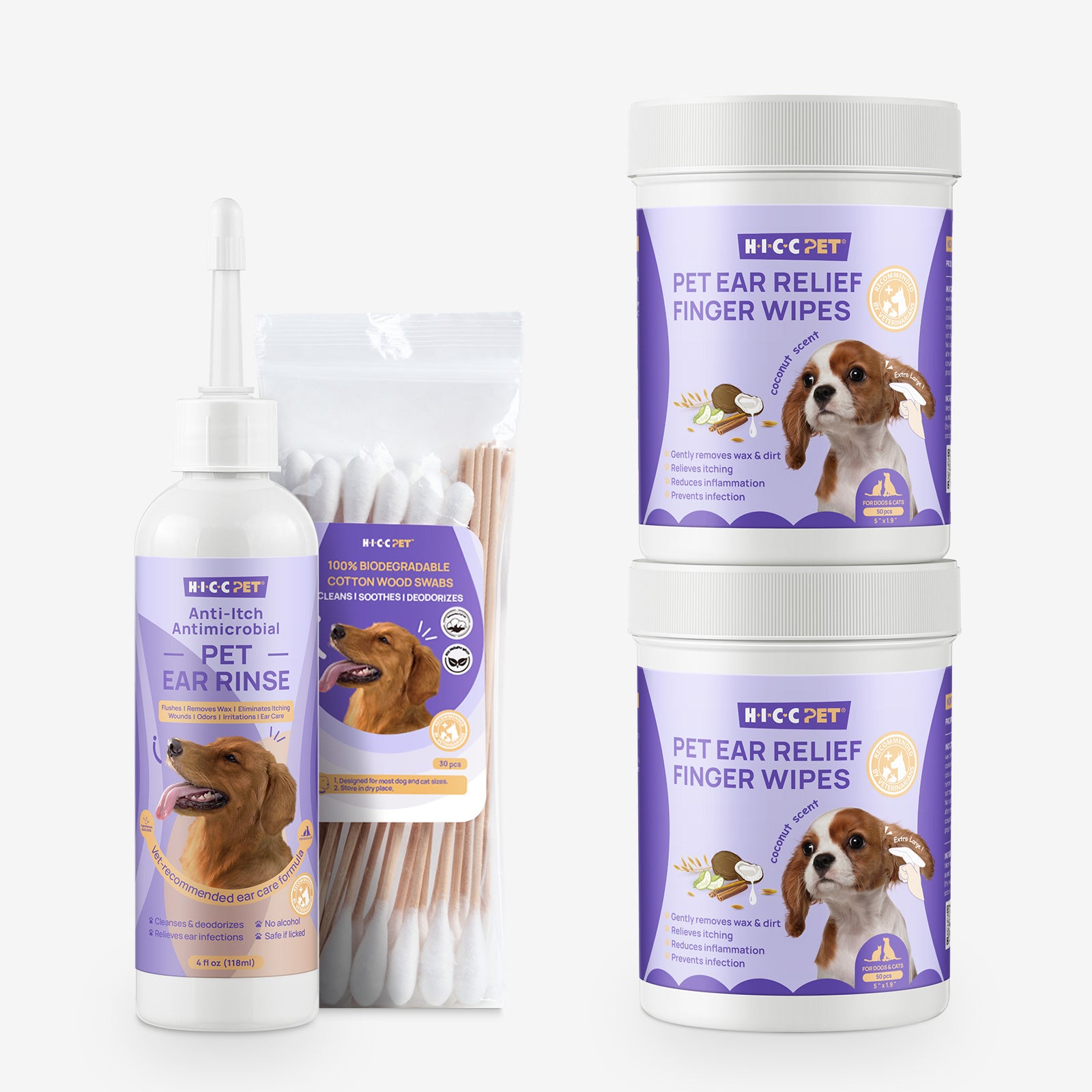 A set of pet ear care products by HICC Pet, including two bottles labeled 'Pet Ear Relief Finger Wipes' and 'Ear Rinse