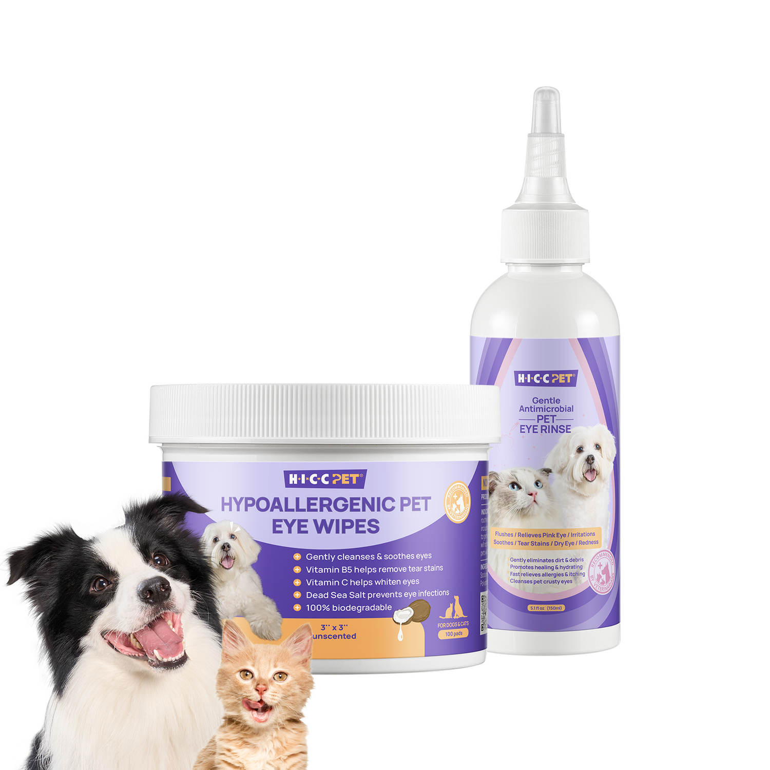 Pet Eye Care Kit feature a hypoallergenic pet eye wipes bottle and a pet eye rinse
