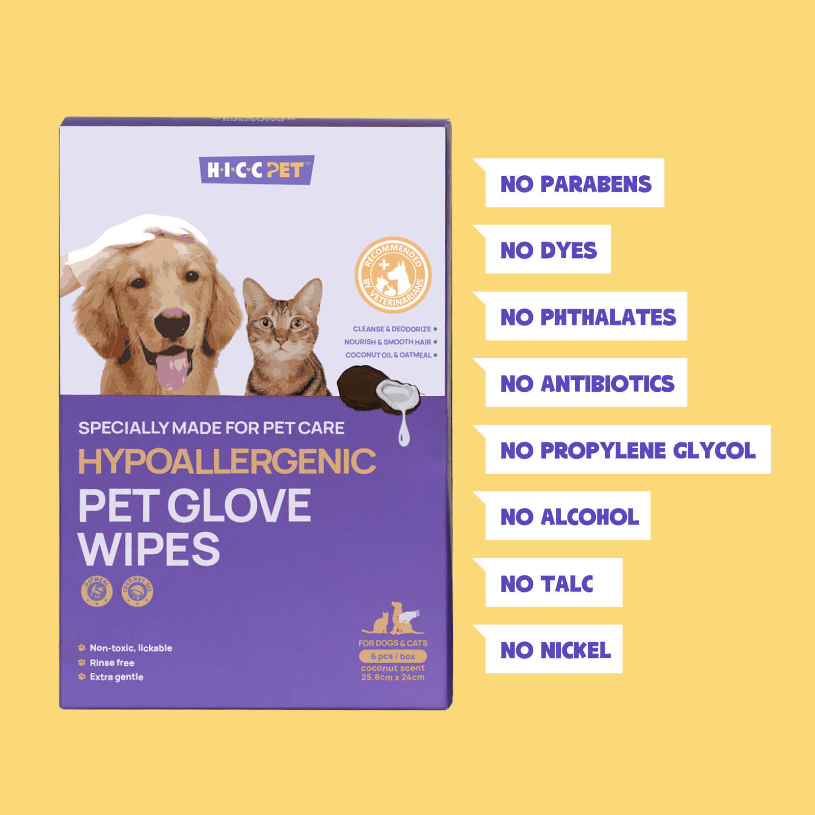 Cat Grooming Glove Wipes For Sensitive Skin - Travel Pack 6 Pcs