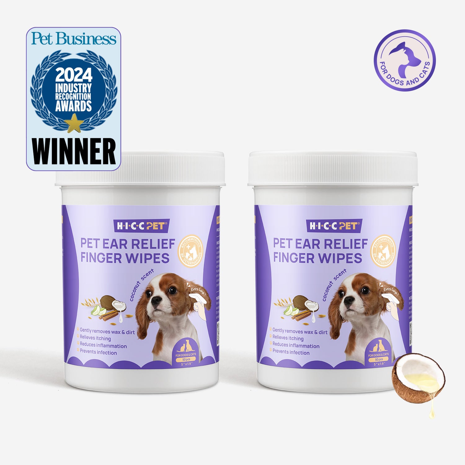 HICC Pet® Pet Ear Relief Finger Wipes For Dogs & Cats, Bundle of 2