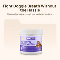 Fight doggie breath without the hassle: HICC PET dental finger wipes white jar with coconut oil, baking soda and tea polyphenols