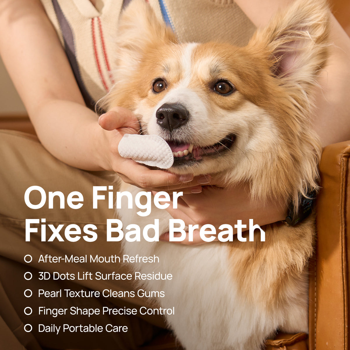 One finger fixes bad breath: 3D dots and pearl texture dental finger wipes for dogs