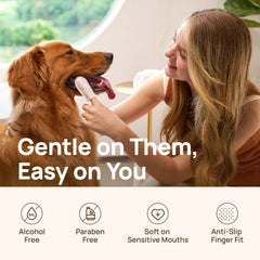 Gentle on them, easy on you: HICC PET dental finger wipes are alcohol-free with four gentle-care icons while brushing a golden retriever