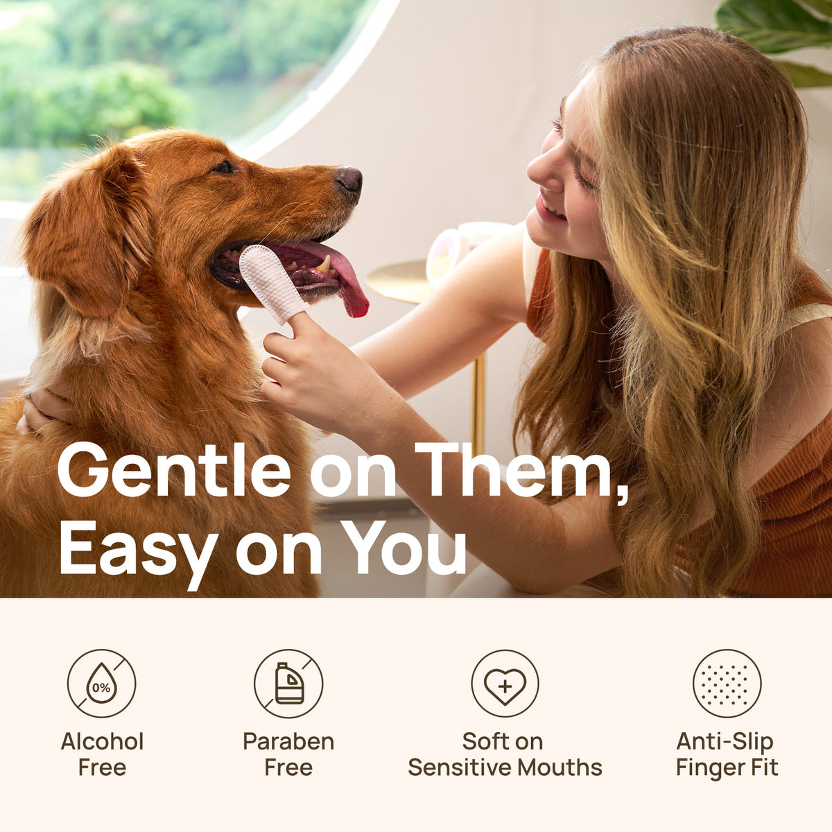 Alcohol-free, paraben-free finger wipes gentle on sensitive pet mouths