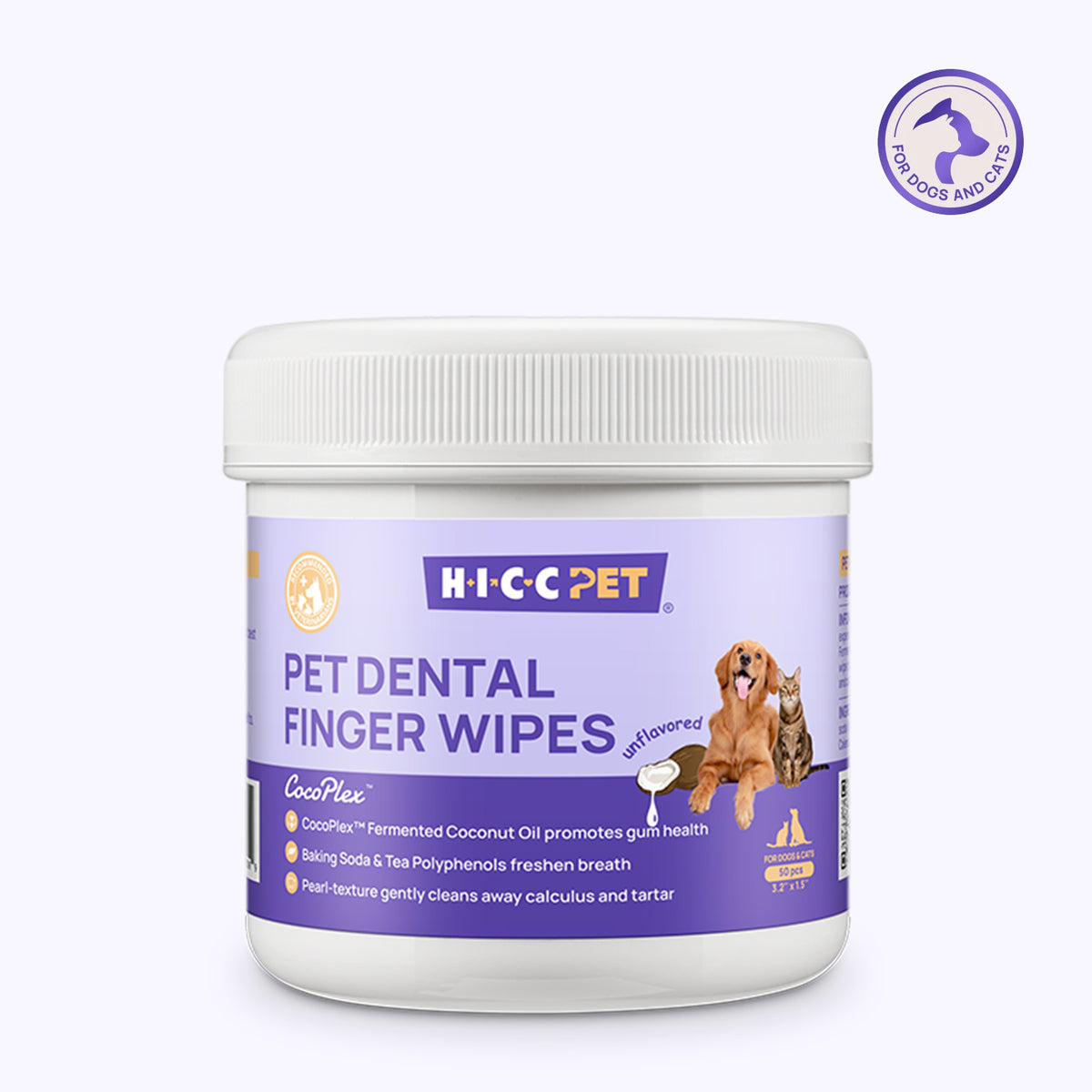 HICC PET dental finger wipes, 50-count white jar on white background - unscented teeth cleaning wipes for dogs and cats