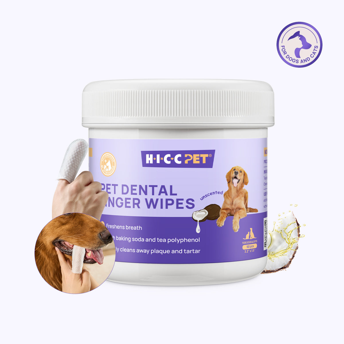 Container of Hi-Cop Pet dental finger wipes with a hand holding a dog's paw and a close-up of a dog's mouth with a tooth.