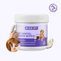 Container of Hi-Cop Pet dental finger wipes with a hand holding a dog's paw and a close-up of a dog's mouth with a tooth.