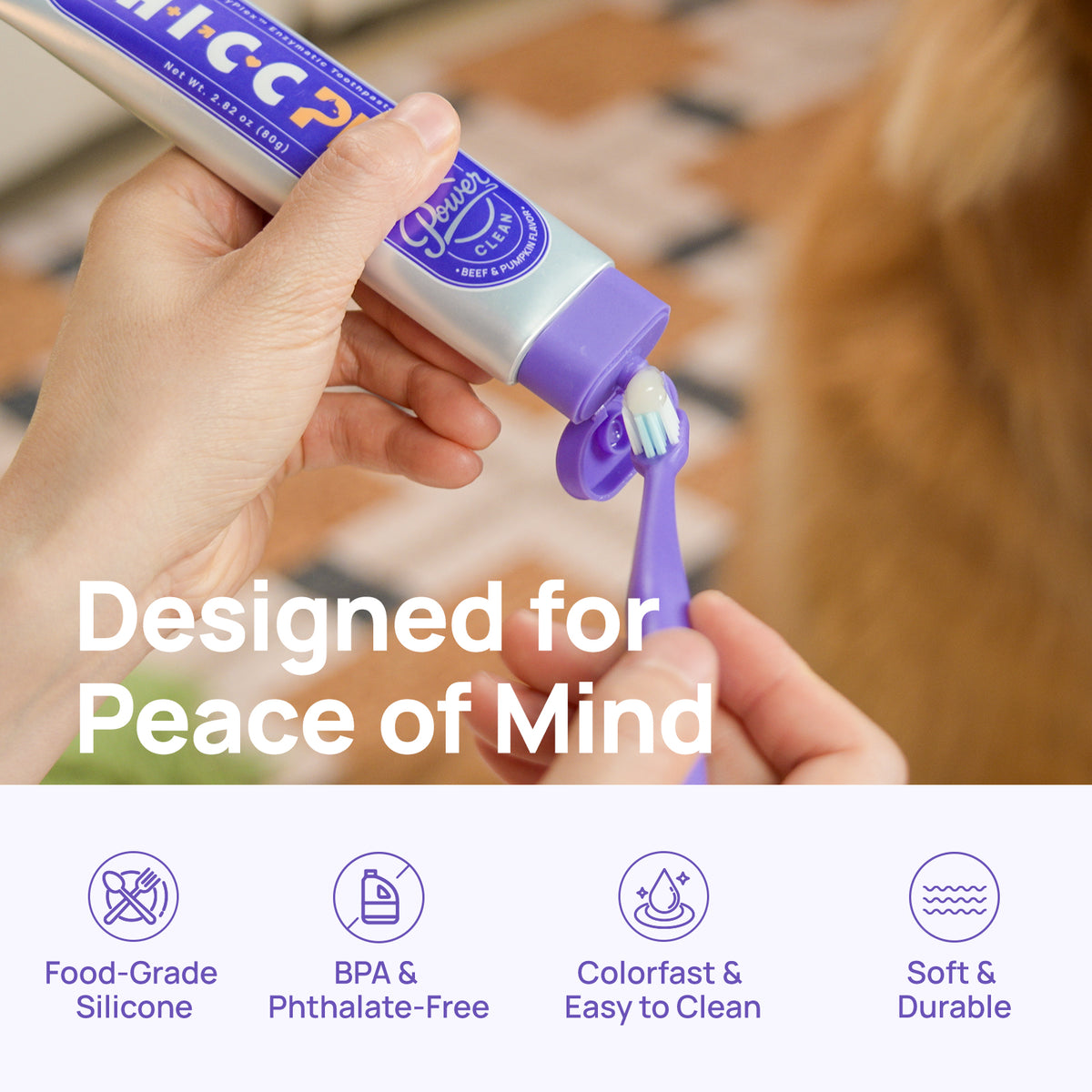 Designed for peace of mind: HICC PET enzymatic toothpaste squeezed onto a silicone dog toothbrush - food-grade, BPA-free, easy to clean, soft and durable