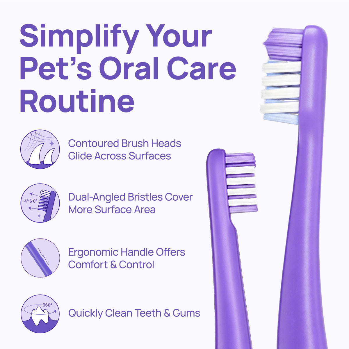 Simplify your pet's oral care routine: HICC PET dual-head toothbrush with curved head, angled bristles and 360-degree ergonomic cleaning