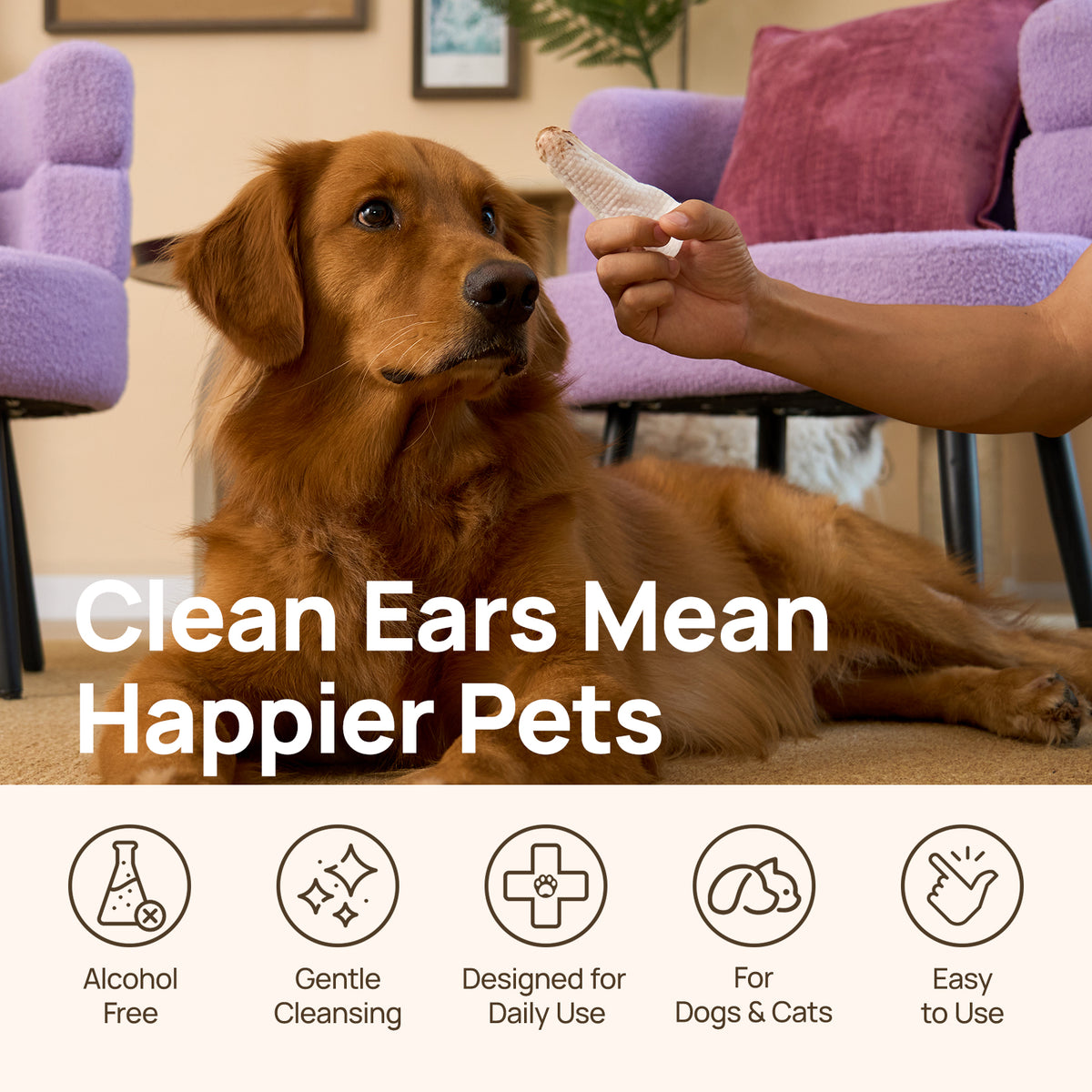 Clean ears mean happier pets: HICC PET ear finger wipes with visible wax removal - alcohol free, gentle cleansing, designed for daily use and easy to use for dogs and cats