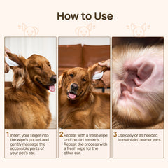 How to use HICC PET ear finger wipes in three steps - slide the wipe onto your finger, gently massage the accessible parts of your dog's ear and repeat with a fresh wipe