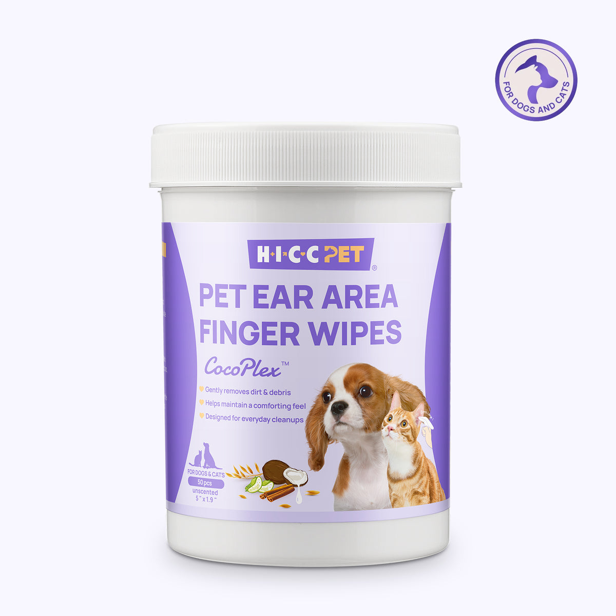 HICC PET pet ear area finger wipes for dogs and cats - white background product photo of the unscented CocoPlex formula jar with coconut, aloe, oat and cinnamon