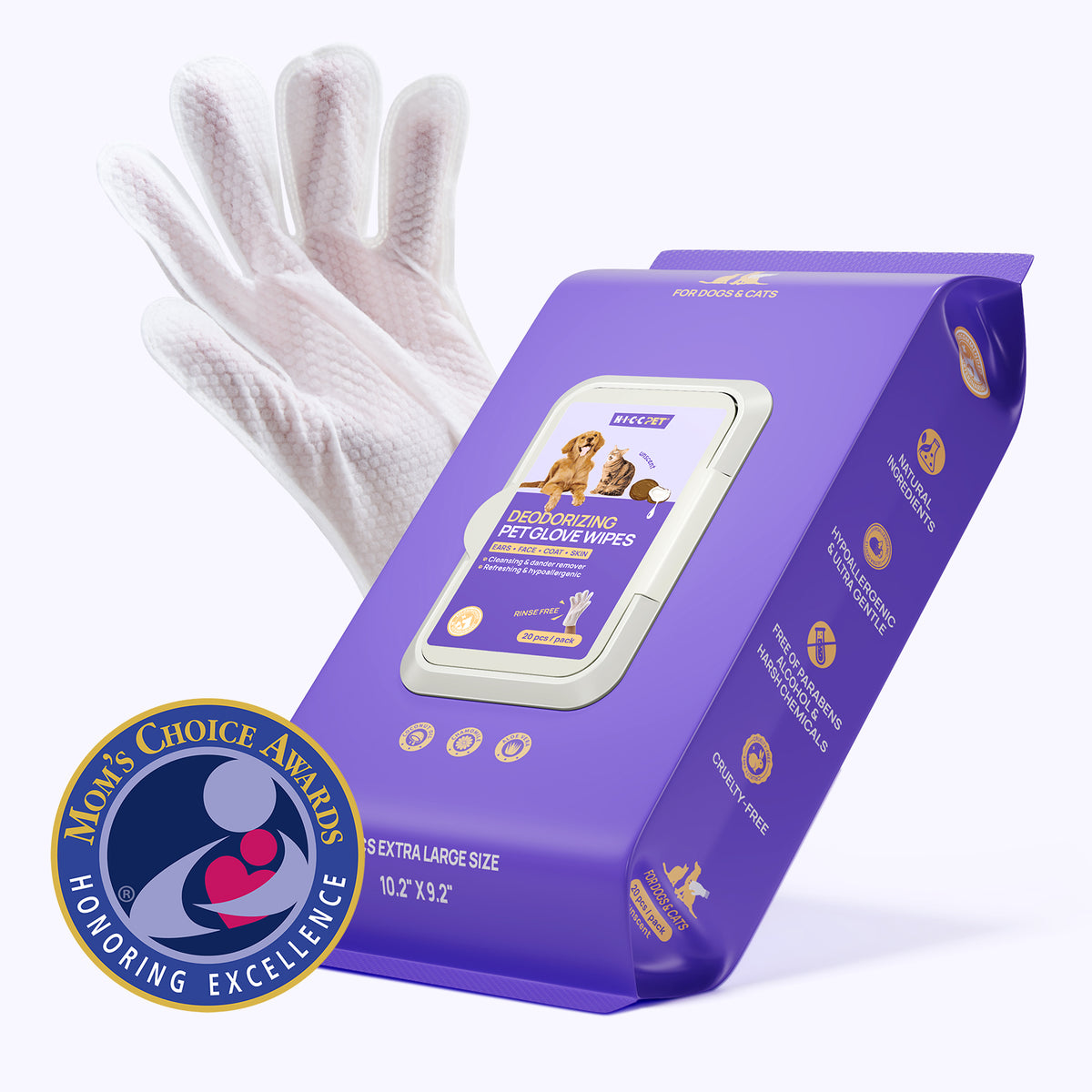 Award-winning HICC PET deodorizing pet glove wipes on white background with a Mom's Choice Awards badge - rinse-free cleaning for ears, face, coat and skin, 20 extra-large wipes for dogs and cats