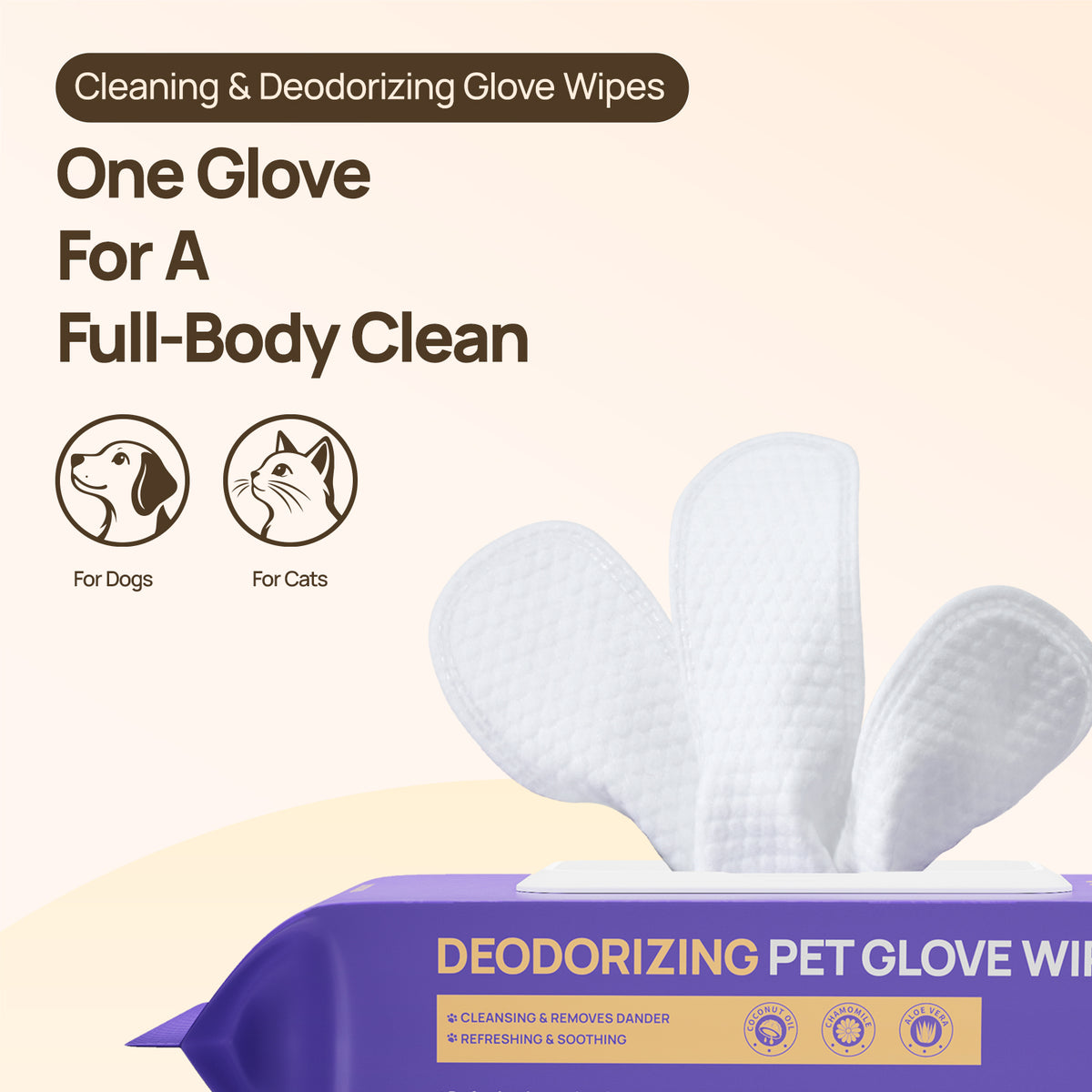One glove for a full-body clean: HICC PET glove wipes remove loose fur and deodorize with coconut oil, chamomile and aloe for dogs and cats