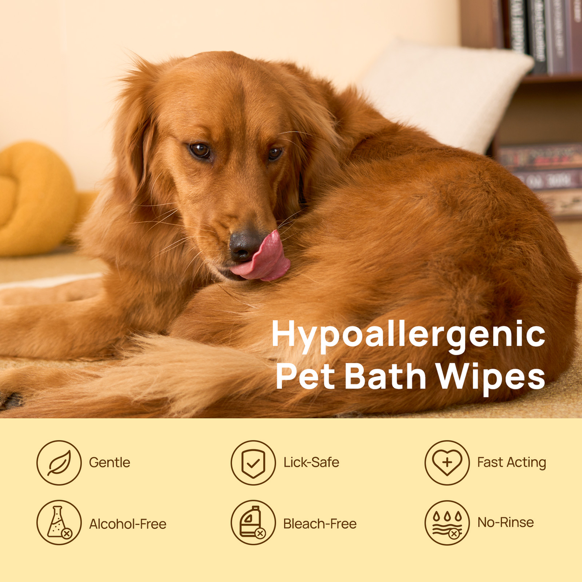 Hypoallergenic HICC PET pet bath wipes - gentle, lick-safe, fast acting, alcohol free, bleach free and no-rinse, with a happy Golden Retriever at home
