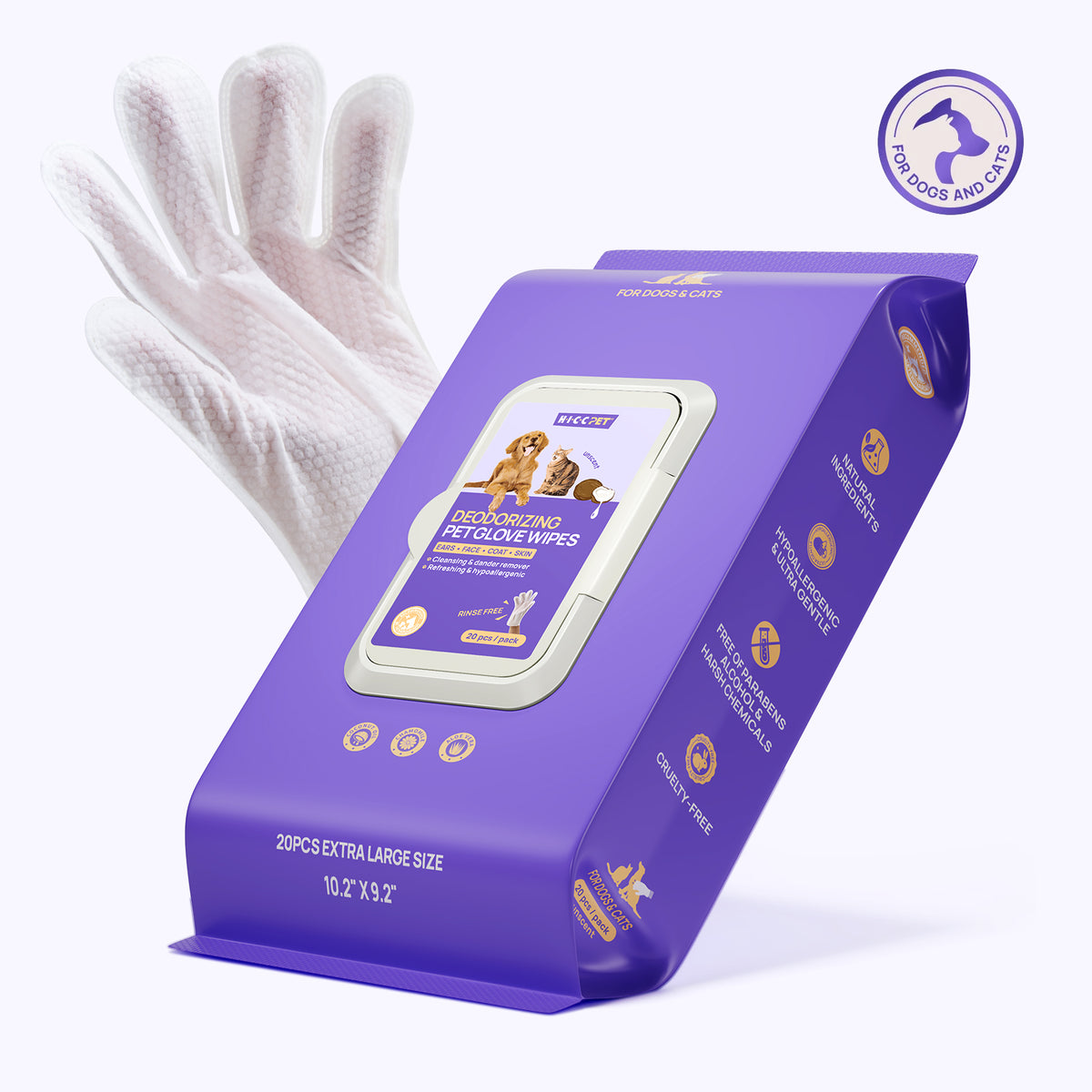 HICC PET deodorizing pet glove wipes, 20-count purple pouch on white background - natural, hypoallergenic, alcohol-free and cruelty-free for dogs and cats