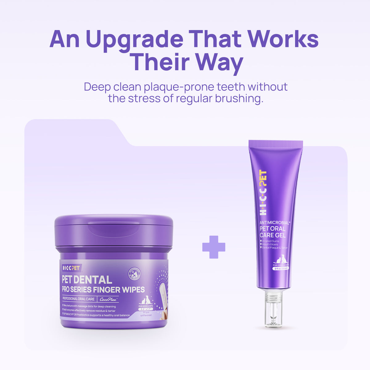 An upgrade that works their way: HICC PET oral care gel with dental finger wipes duo for brush-free plaque removal