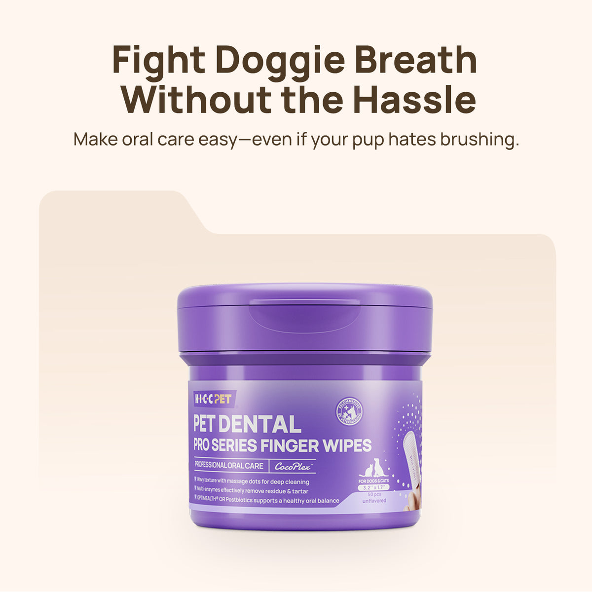 Fight doggie breath without the hassle: HICC PET PRO dental finger wipes in a purple jar for deep tartar removal and everyday dog dental care