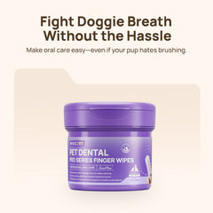 Fight doggie breath without the hassle: HICC PET PRO dental finger wipes in a purple jar for deep tartar removal and everyday dog dental care