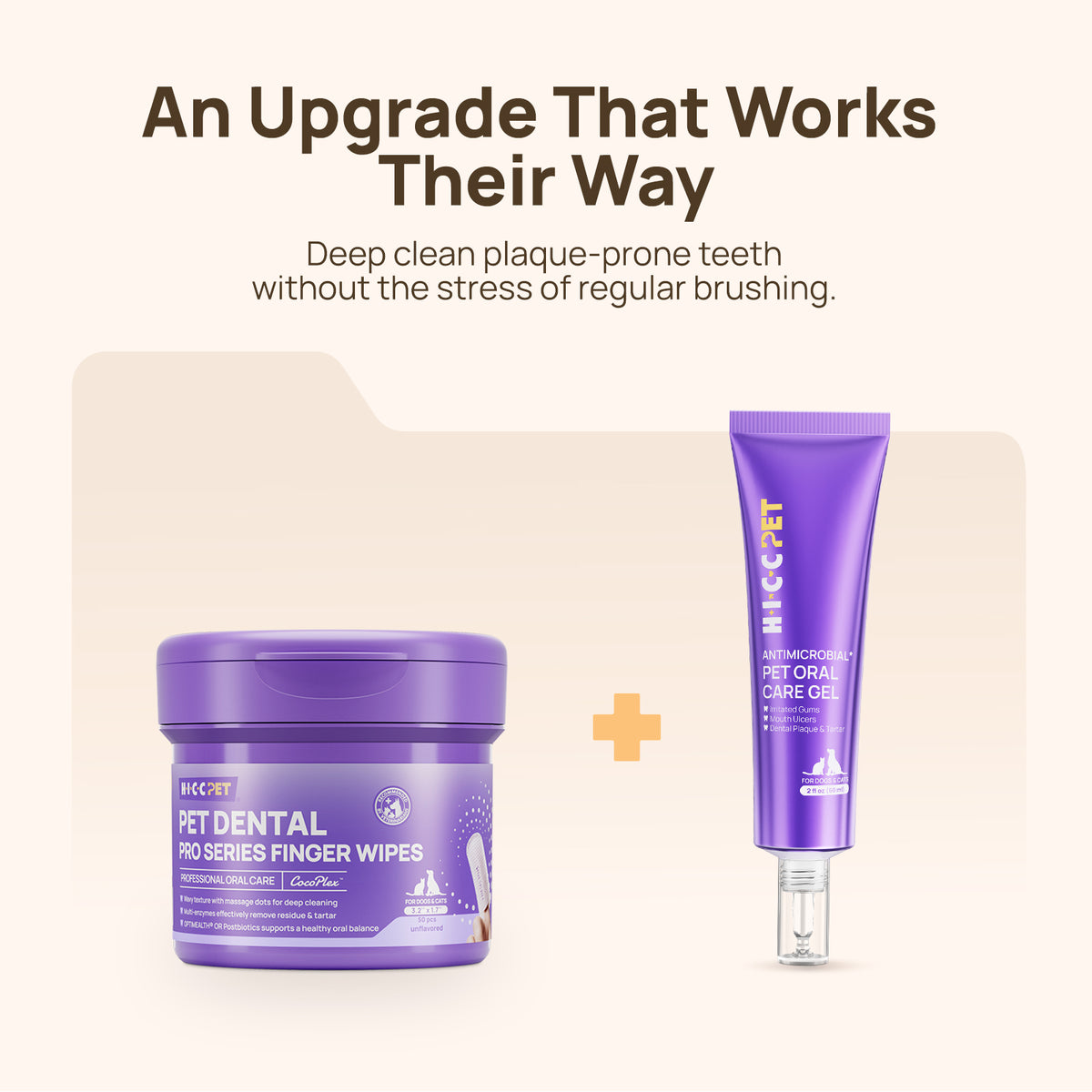 An upgrade that works their way: HICC PET PRO dental finger wipes with antimicrobial oral care gel - a brush-free duo for complete pet dental care