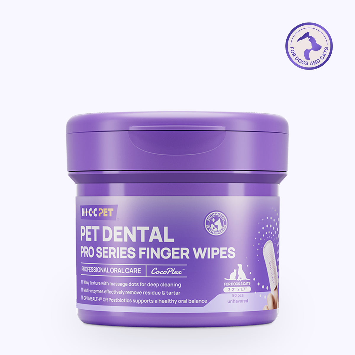 HICC PET PRO dental finger wipes, 50-count purple jar on white background - dual texture wipes with enzymes and postbiotics for dogs and cats