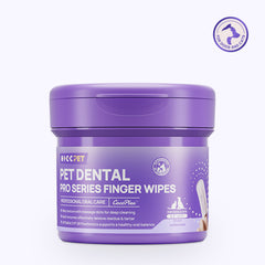 HICC PET PRO dental finger wipes, 50-count purple jar on white background - dual texture wipes with enzymes and postbiotics for dogs and cats