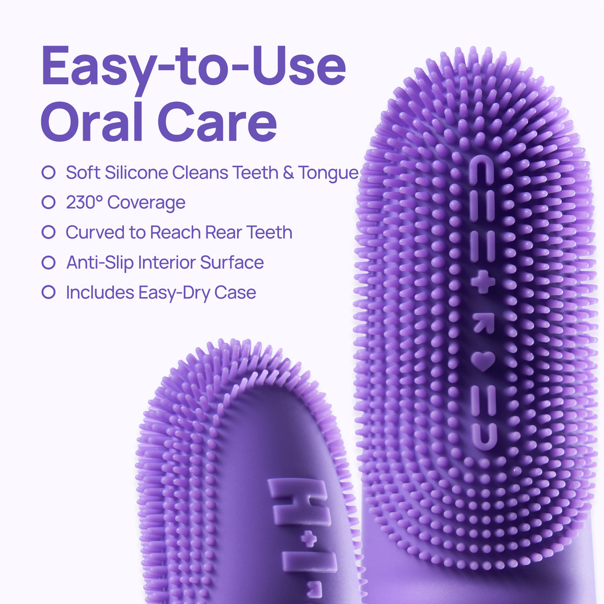 Easy-to-use oral care: HICC PET silicone finger toothbrush with 230 degree bristle coverage, curved design for rear teeth, anti-slip interior and easy-dry case