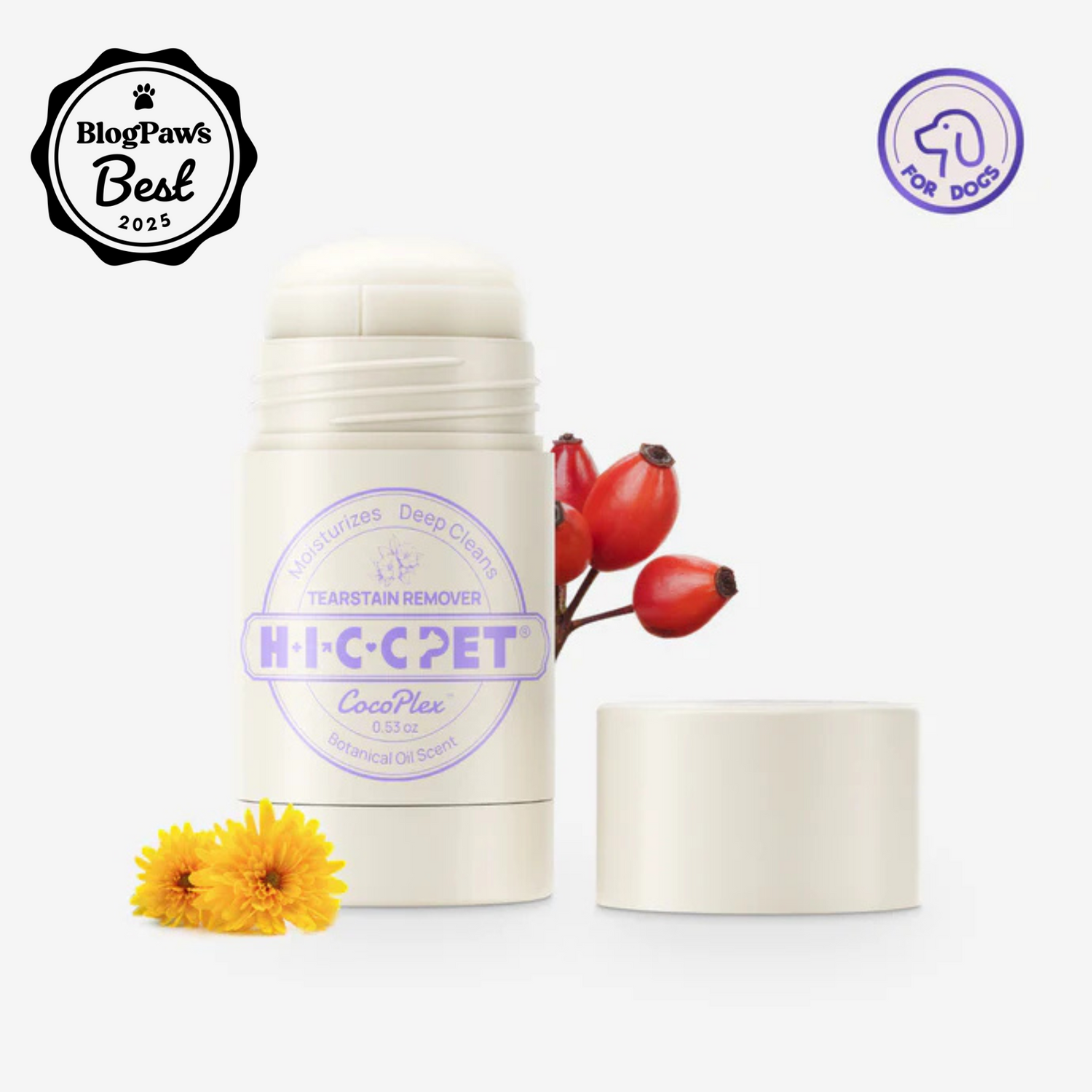 hicc pet Tear Stain Remover Butter with the cap off and flowers next to it. There is a blogpaws award icon on the image.
